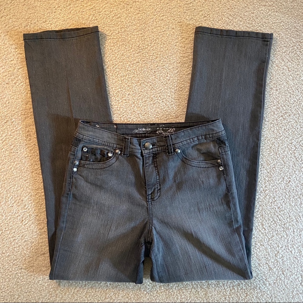 The Jeans Have It! Light grey straight leg denim.
